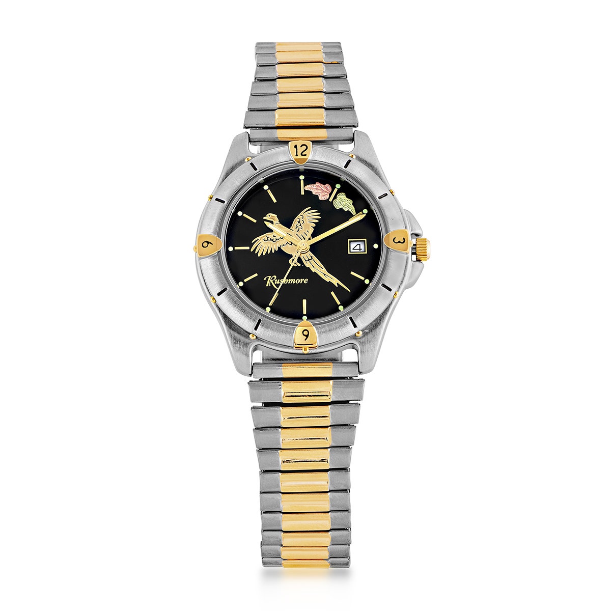white and gold-tone black dial stainless steel watch with gold pheasant and pink and green gold leaves on dial