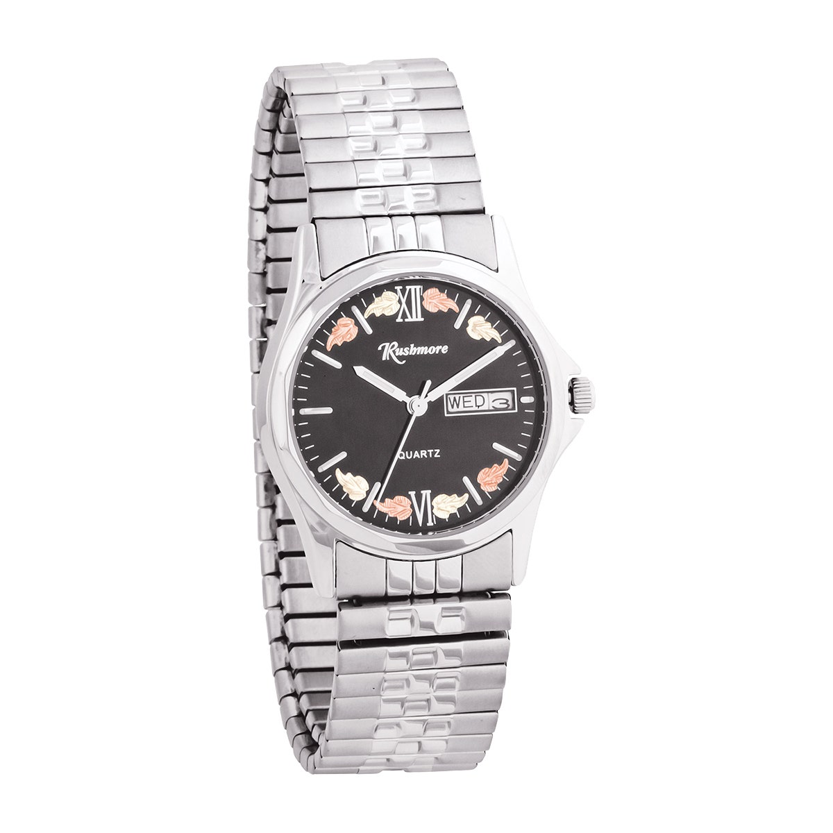 stainless steel expansion band watch with black dial embellished with pink and green gold leaves