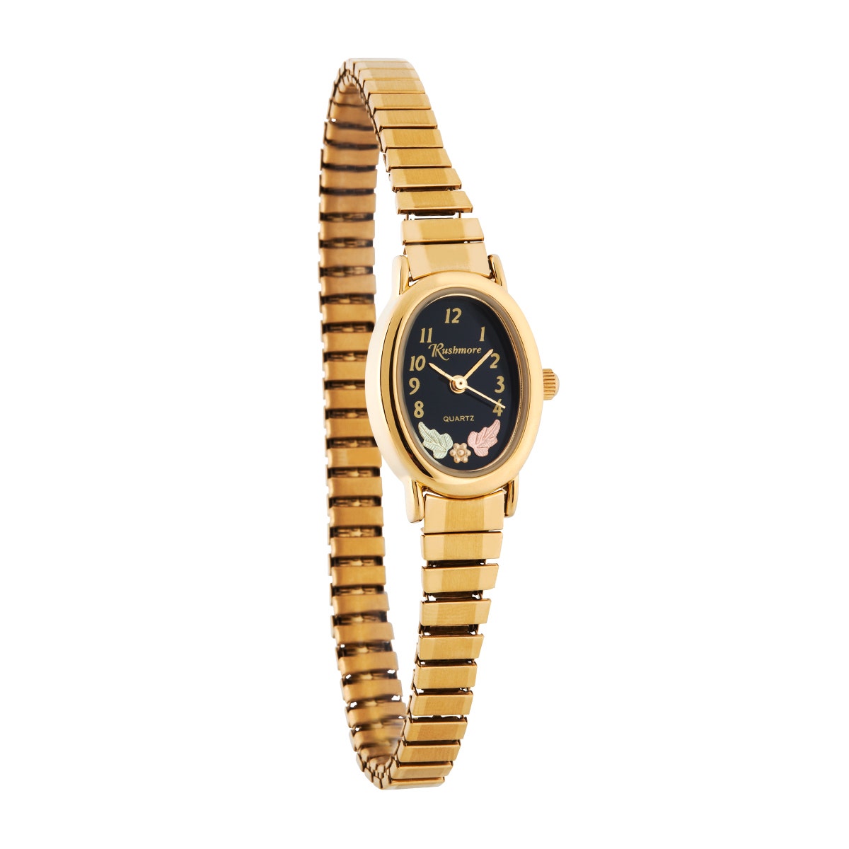 Gold-tone stainless steel black oval dial ladies Black Hills Gold quartz watch