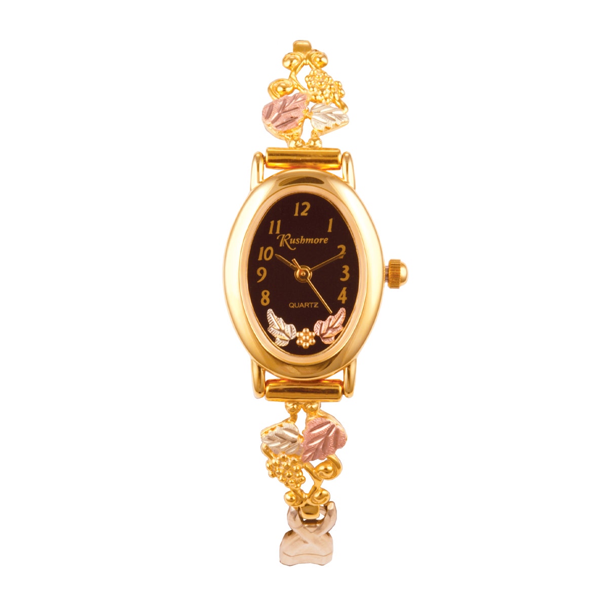 gold-tone stainless steel watch with grapevine and leaf band and black oval dial with pink and green gold leaves