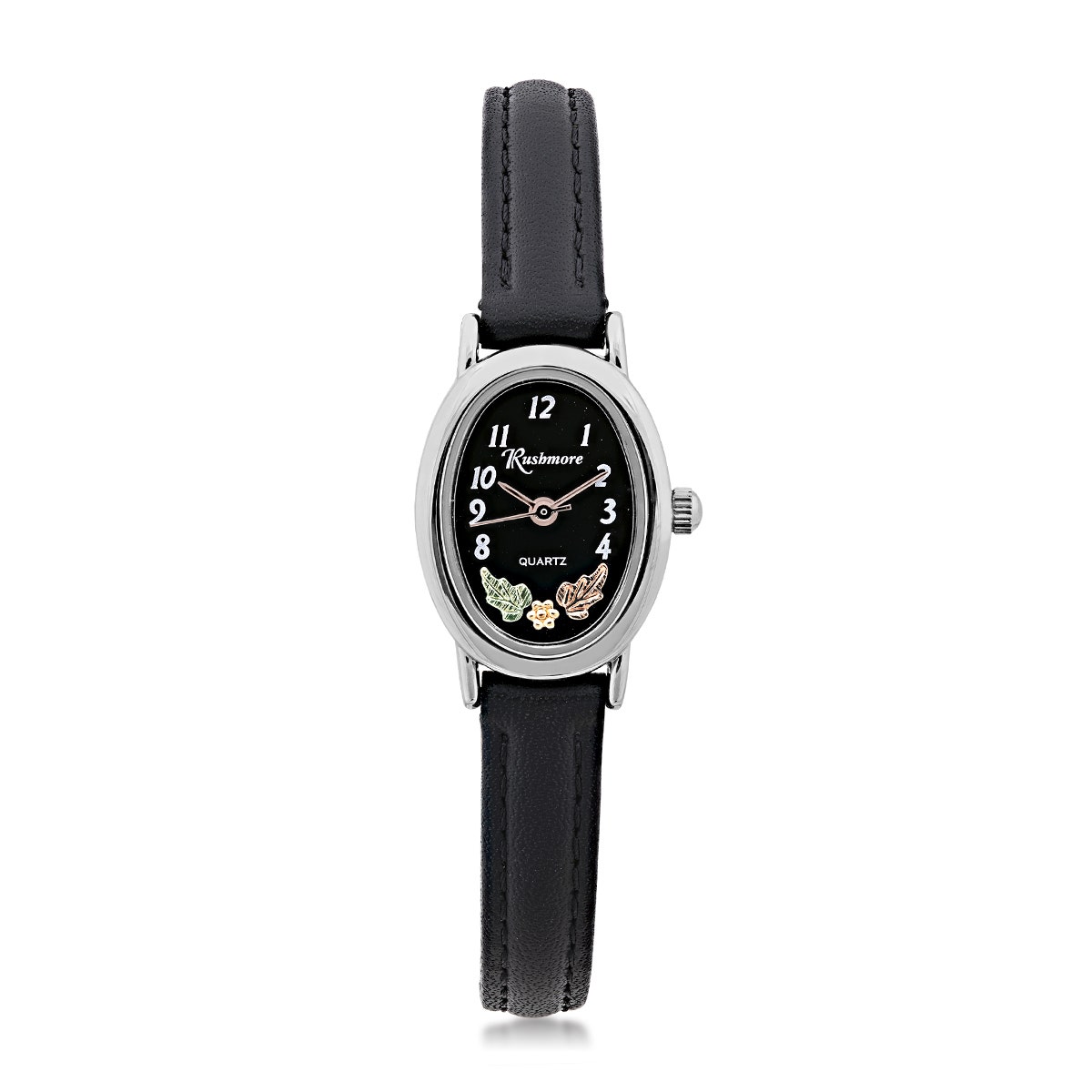 stainless steel black leather strap watch with black oval dial featuring pink and green gold leaves and yellow gold grapes