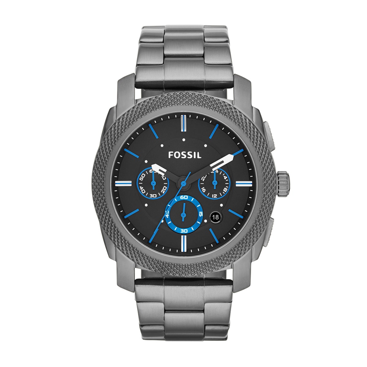 Gray stainless steel black & blue dial men's Fossil quartz chronograph watch
