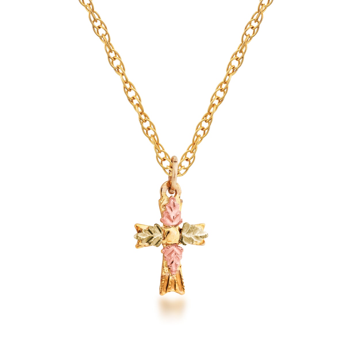 10K yellow gold Black Hills Gold small cross pendant with leaf accents