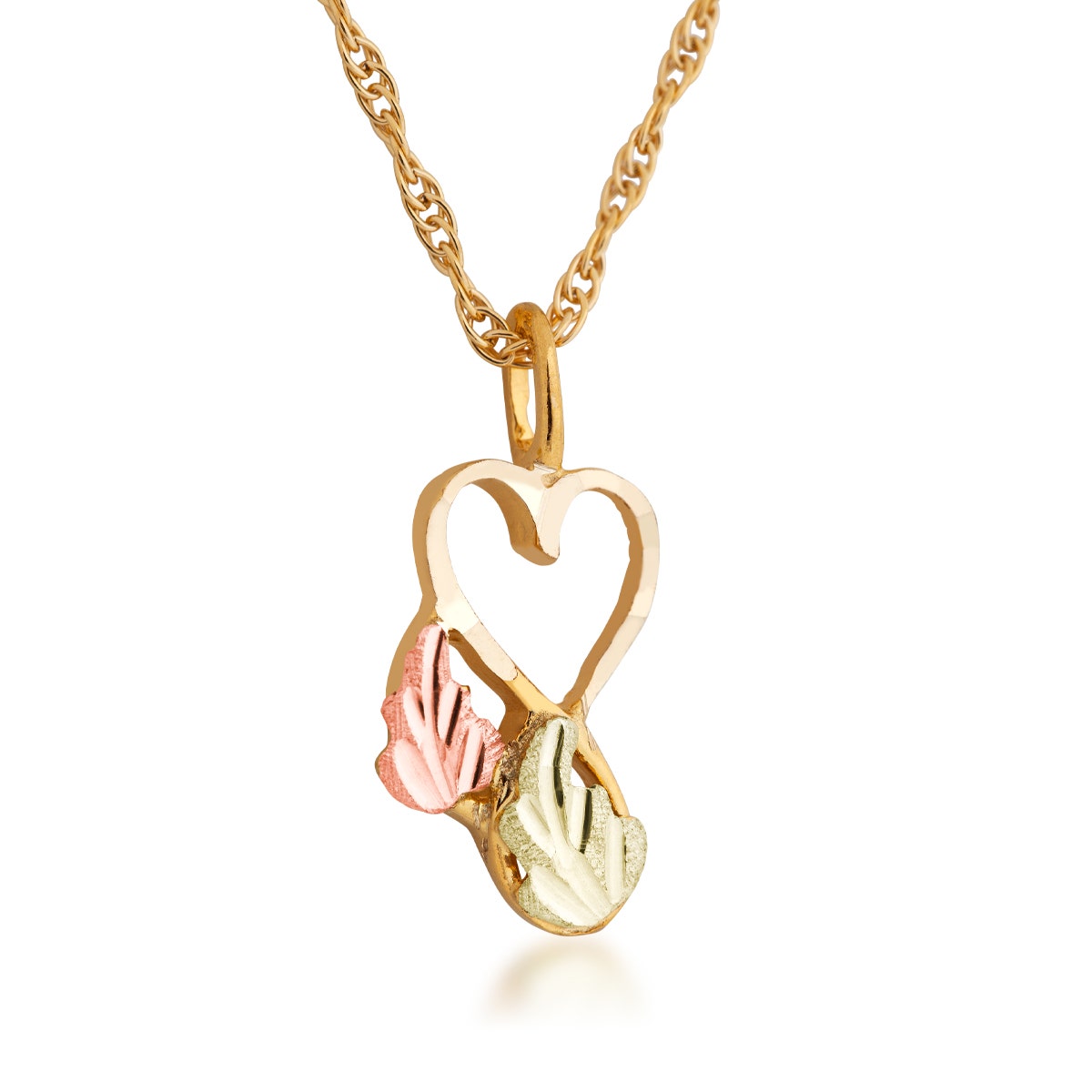10K yellow gold Black Hills Gold open heart pendant with leaf accents