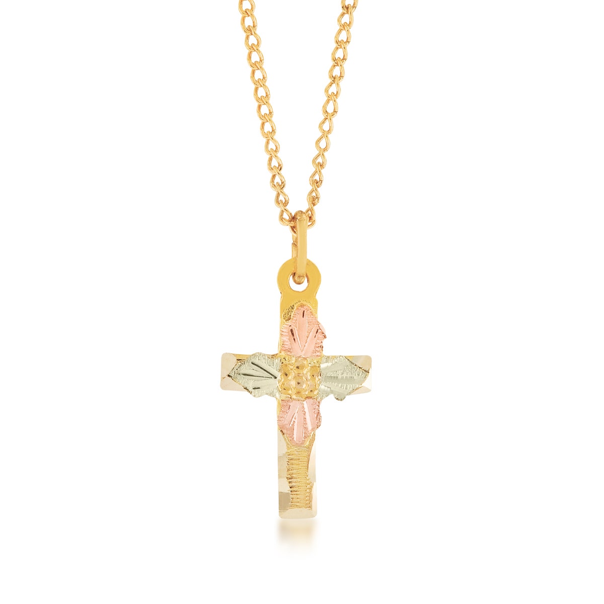 10K yellow gold Black Hills Gold cross pendant with grape and leaf center
