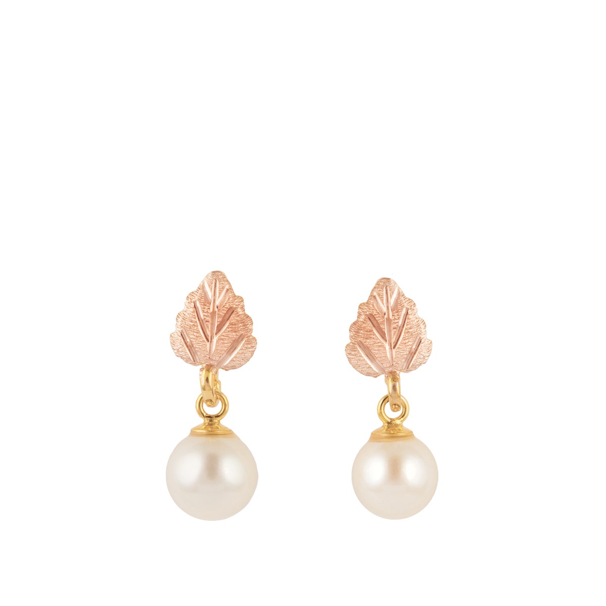 10K yellow gold Black Hills Gold cultured freshwater pearl pink leaf dangle earrings
