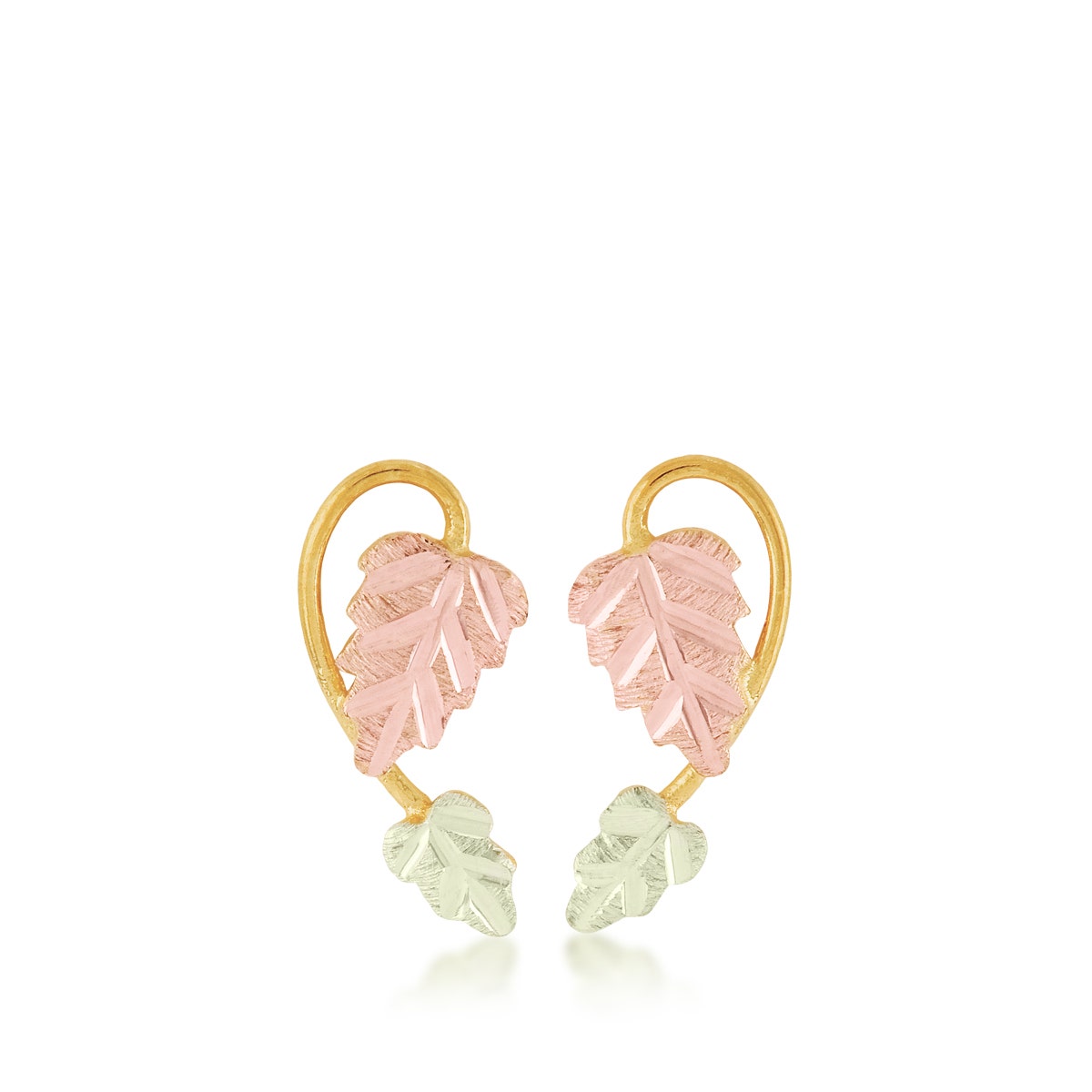 10K yellow gold Black Hills Gold pink and green leaf vine earrings