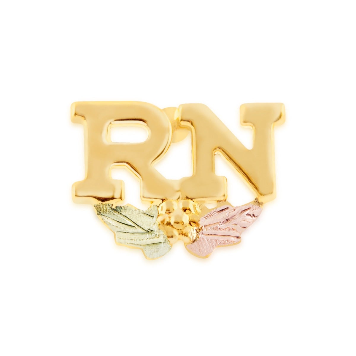 Gold RN pin with pink and green leaves.