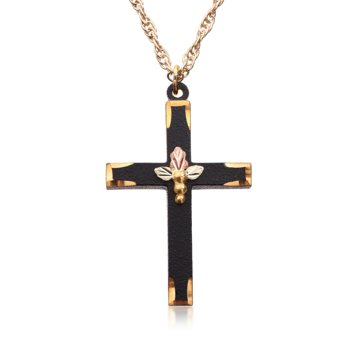 Black Hills Gold Triple Leaf & Grape Black Powder Coated Cross Pendant