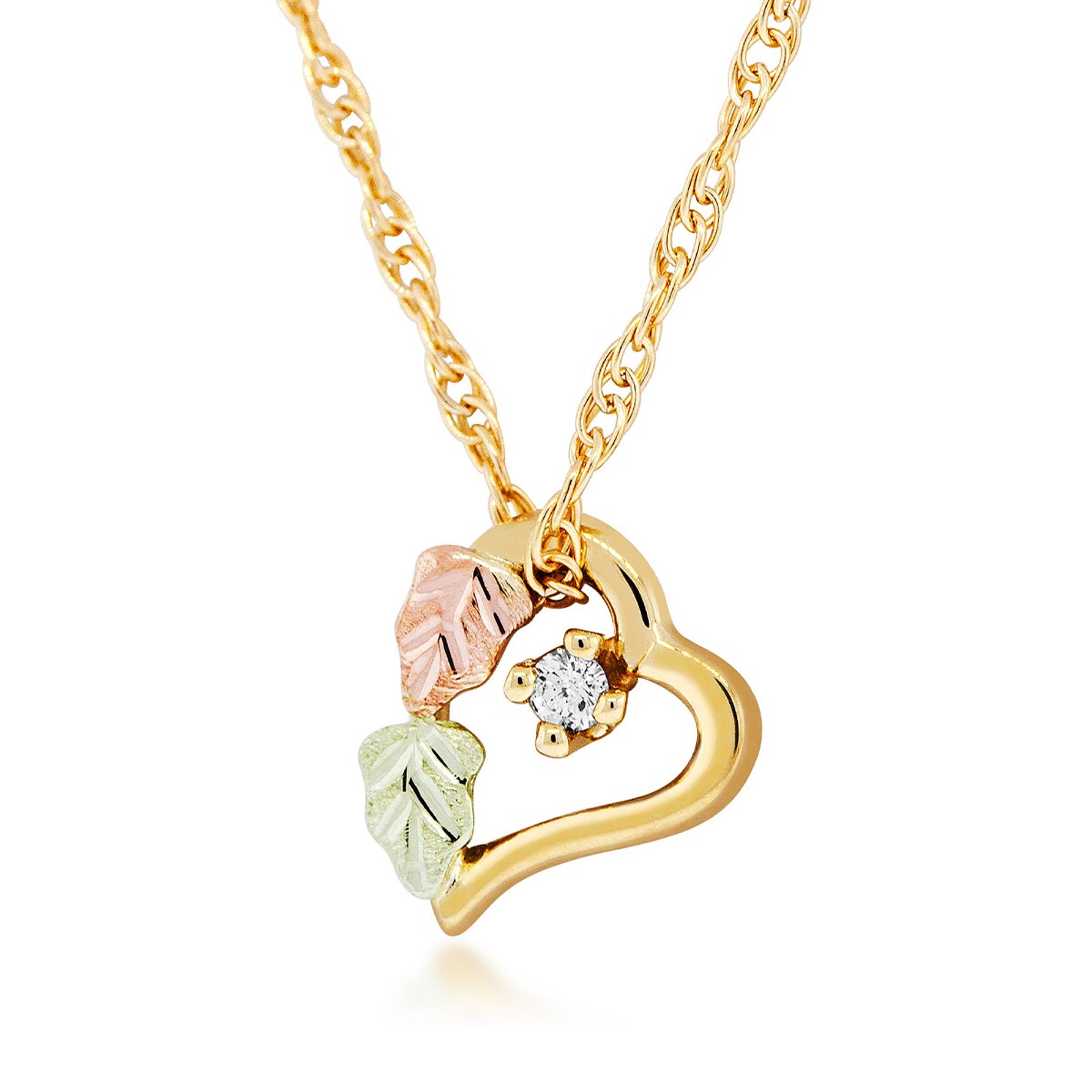 10K yellow gold Black Hills Gold diamond accent double leaf heart pendant