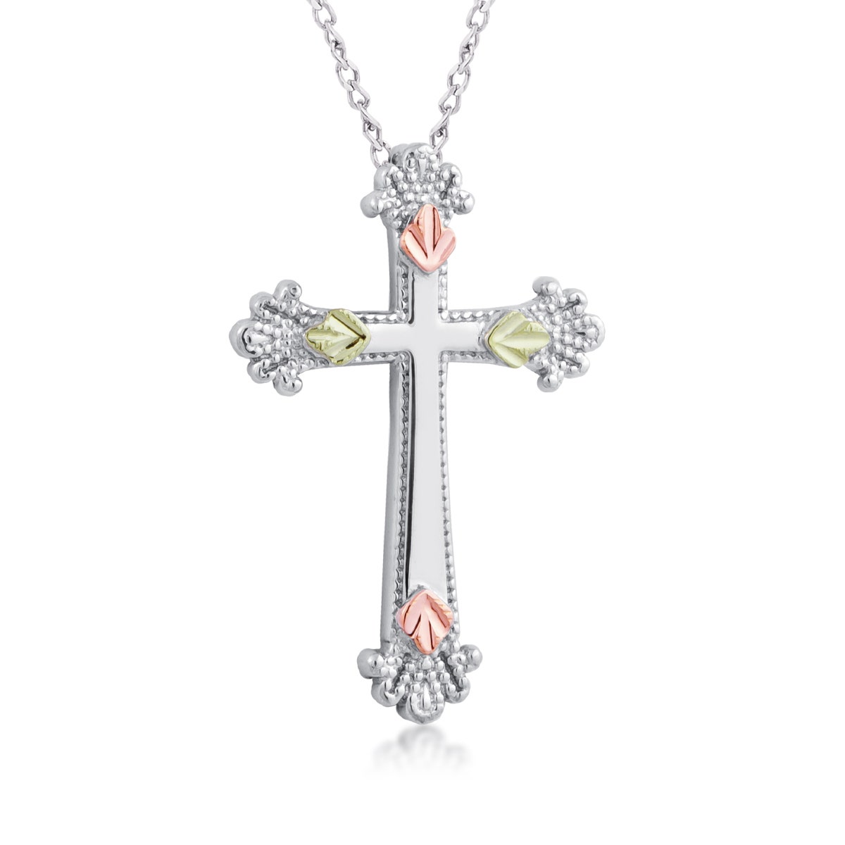 sterling silver Black Hills Gold milgrain leaf and heart cross pendant