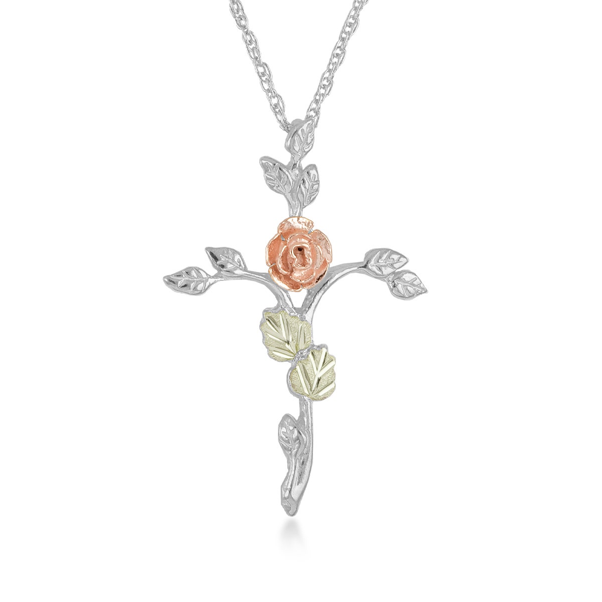 sterling silver Black Hills Gold rose vine cross pendant