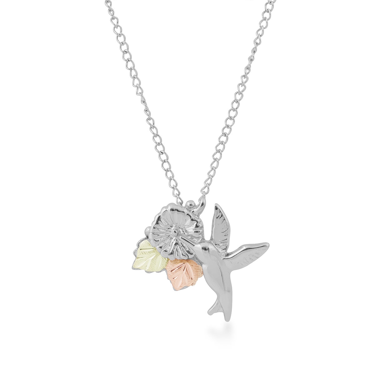sterling silver Black Hills Gold hummingbird and flower pendant