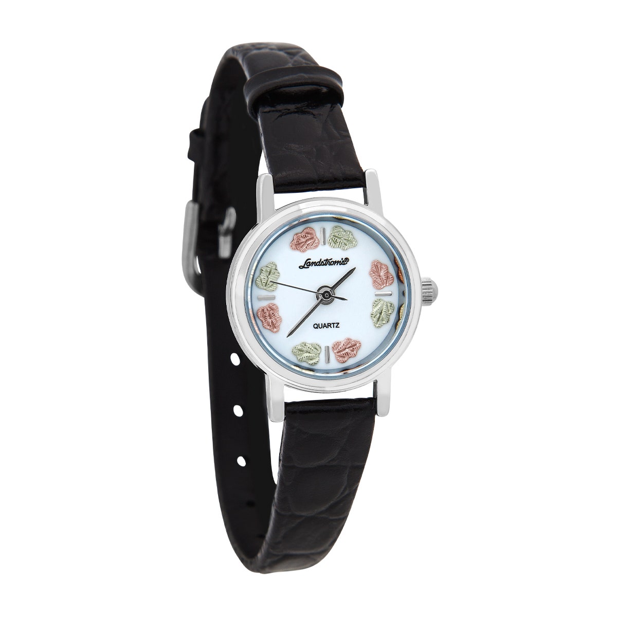 Stainless steel white dial and black leather band ladies Black Hills Gold quartz watch