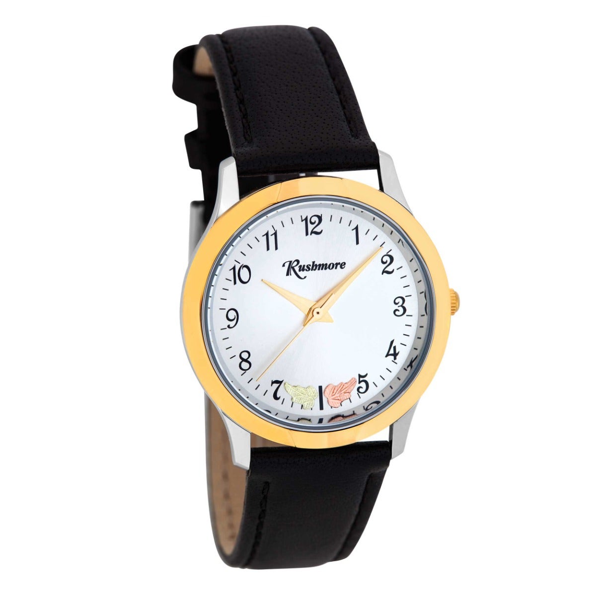 White and gold-tone stainless steel watch with black leather band and pink and green gold leaves on a white dial