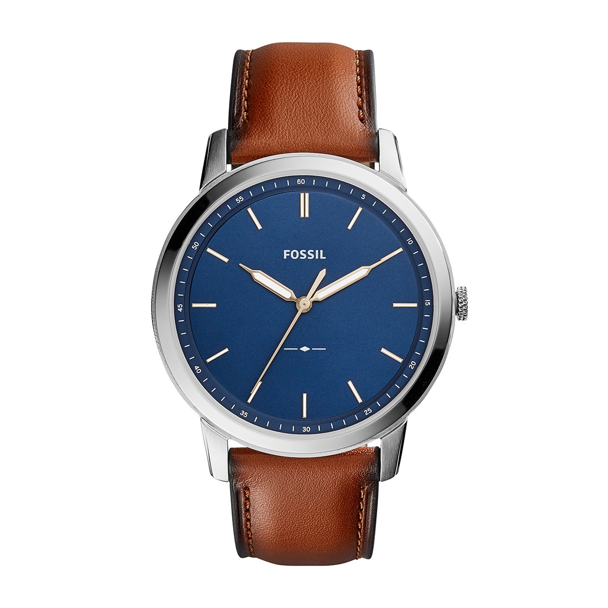 Stainless steel blue dial and leather strap men's Fossil Minimalist quartz watch