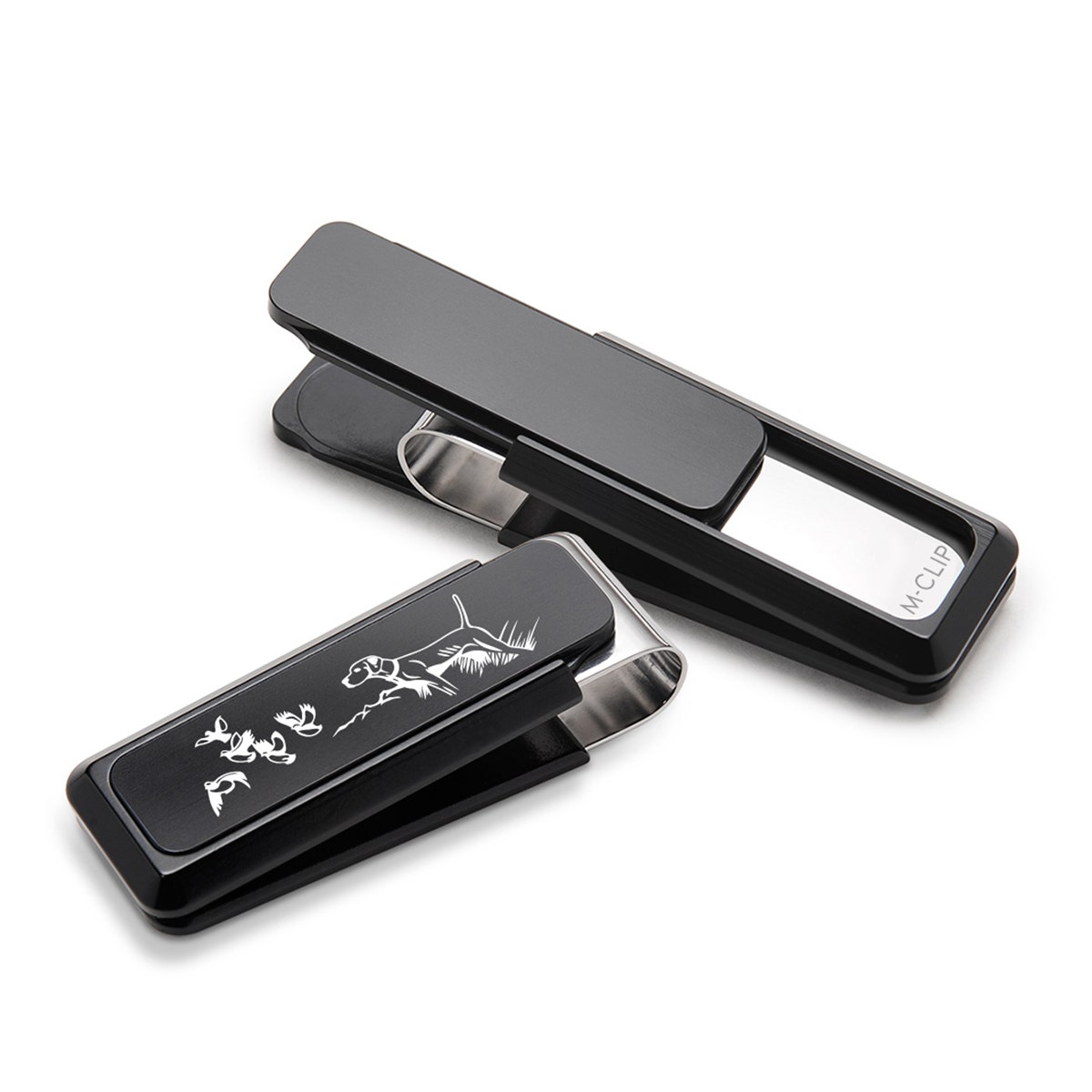 black aluminum money clip with hunting dog and bird scene and stainless steel spring