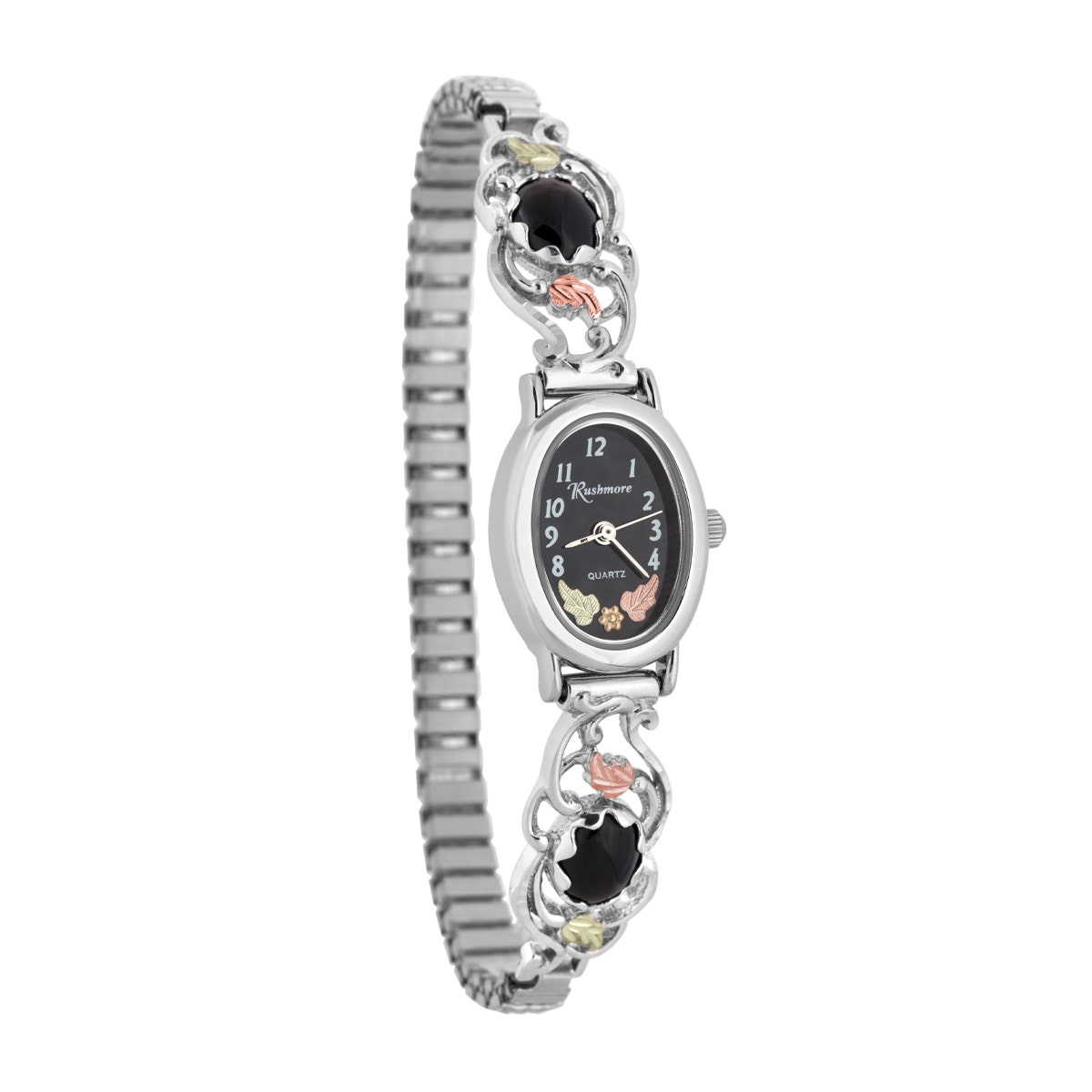 Sterling silver black oval dial and onyx accented band ladies Black Hills Gold quartz watch