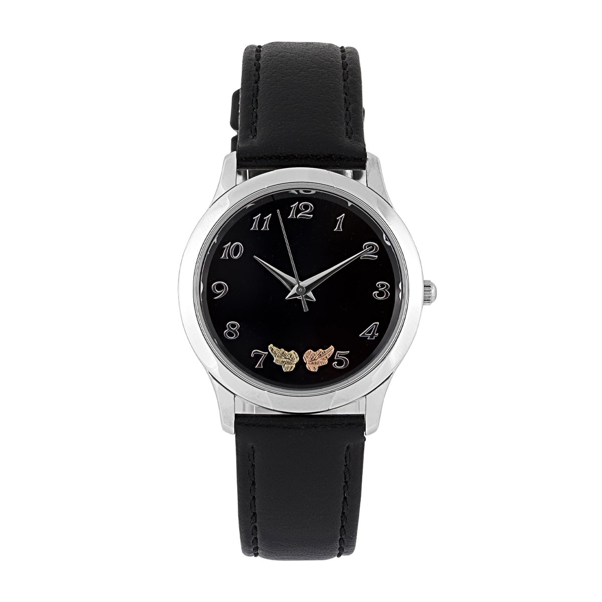 Stainless steel black dial and leather strap men's Black Hills Gold quartz watch