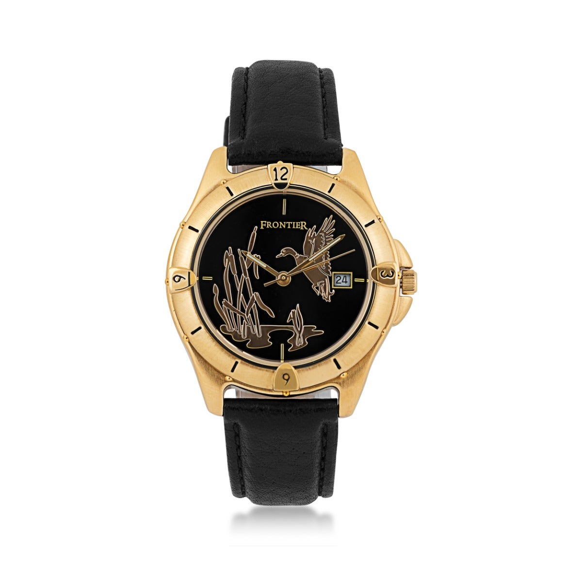 Gold-tone stainless steel duck watch with black leather strap and black dial