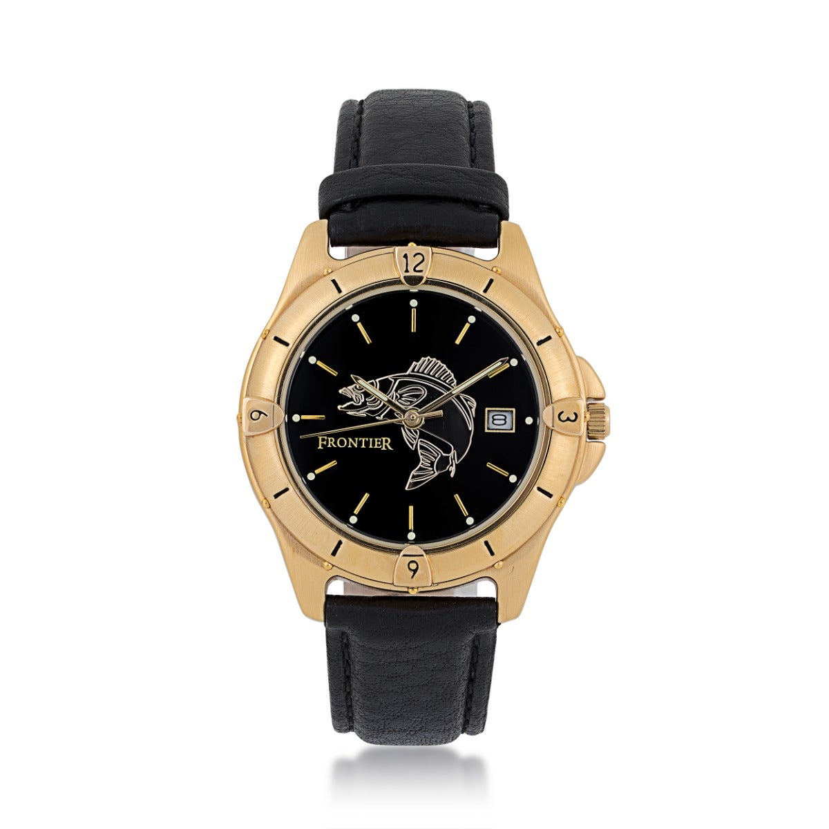Gold tone stainless steel watch with black leather band and walleye on black dial