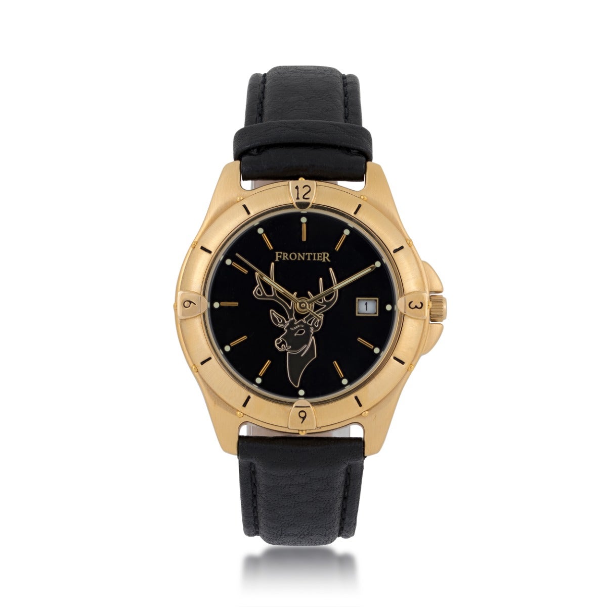Gold-tone stainless steel watch with black leather band and deer on black dial