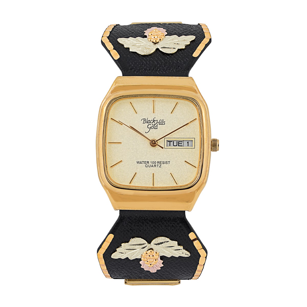 Gold-tone stainless steel champagne dial men's Black Hills Gold quartz watch