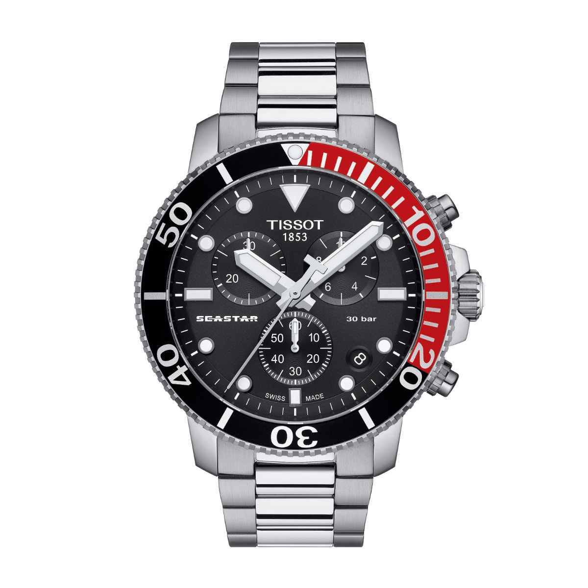 stainless steel watch with black dial