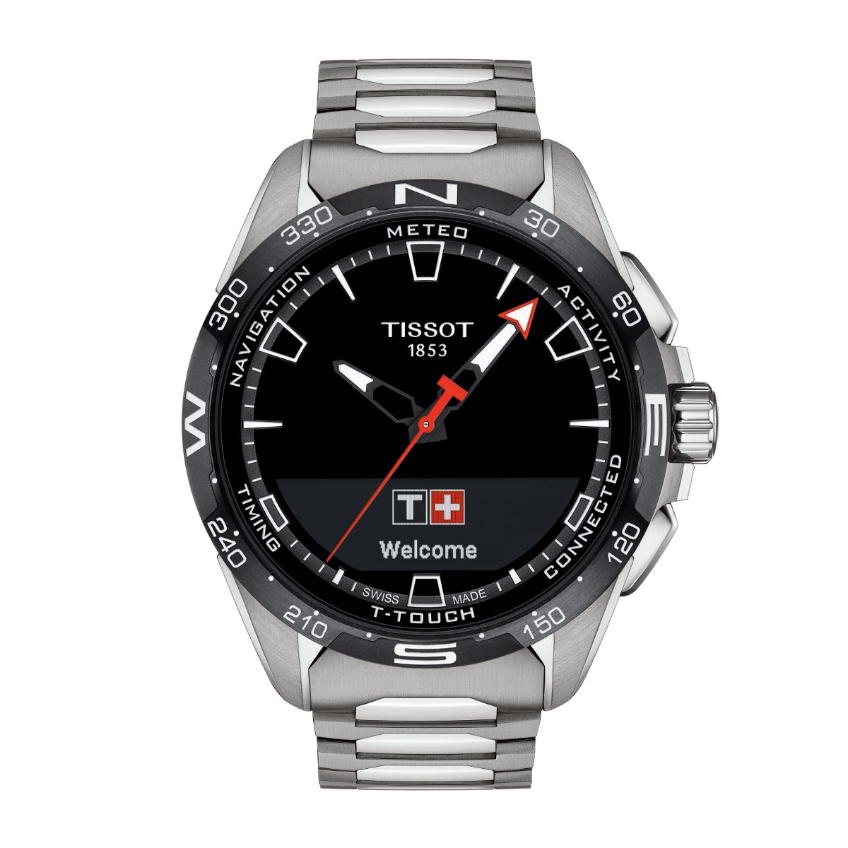 stainless steel watch with black dial