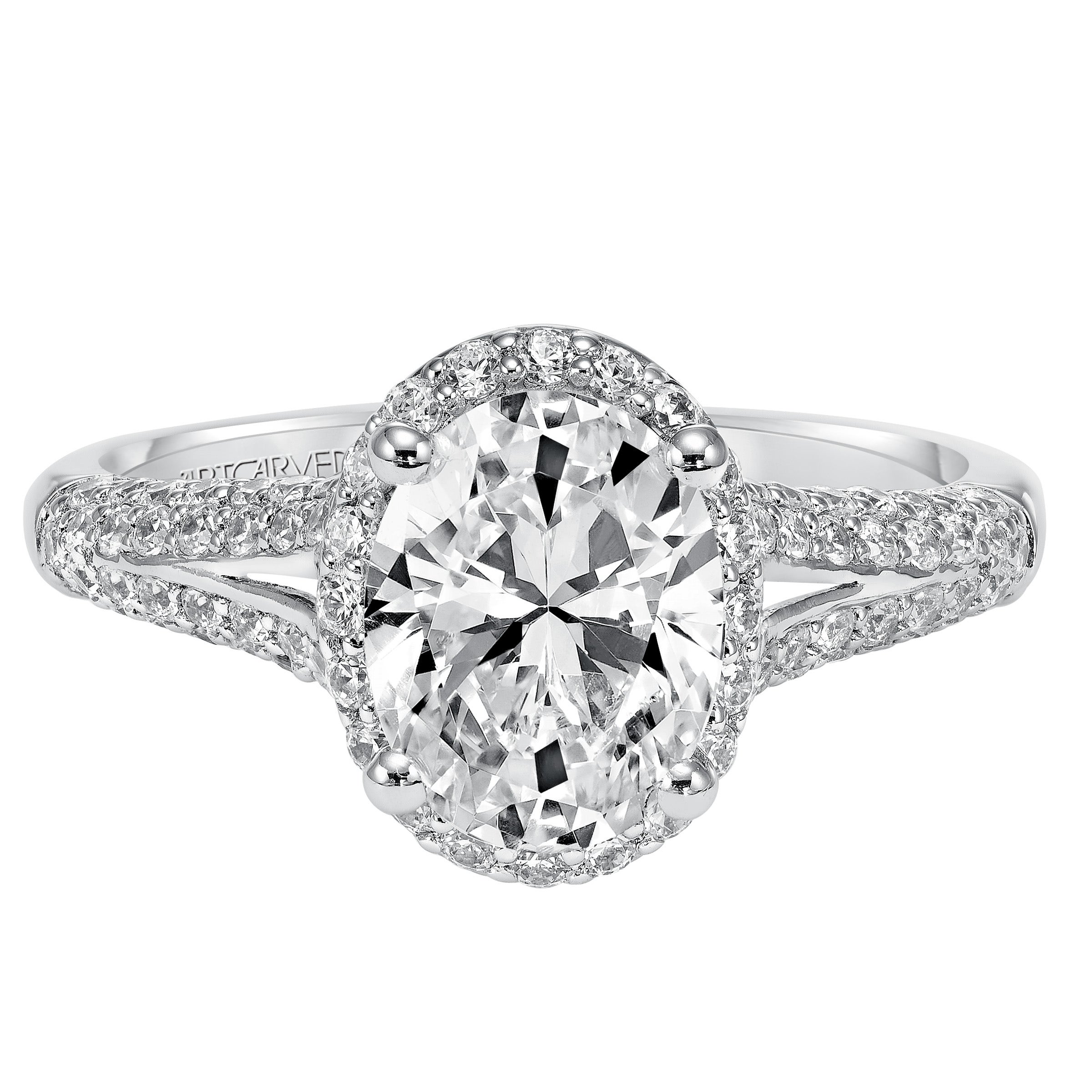 ArtCarved Contemporary 5/8 ct. tw. Oval Diamond Halo Semi-Mount Engagement Ring with Split Shank in 14K White Gold-31- VZ327DVS-E 