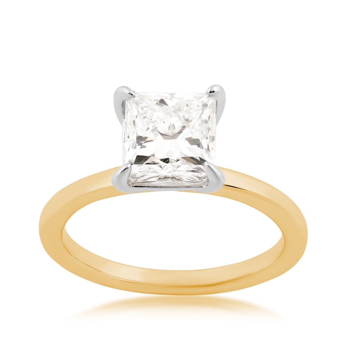 yellow gold princess cut solitaire lab grown diamond engagement ring with white gold prongs