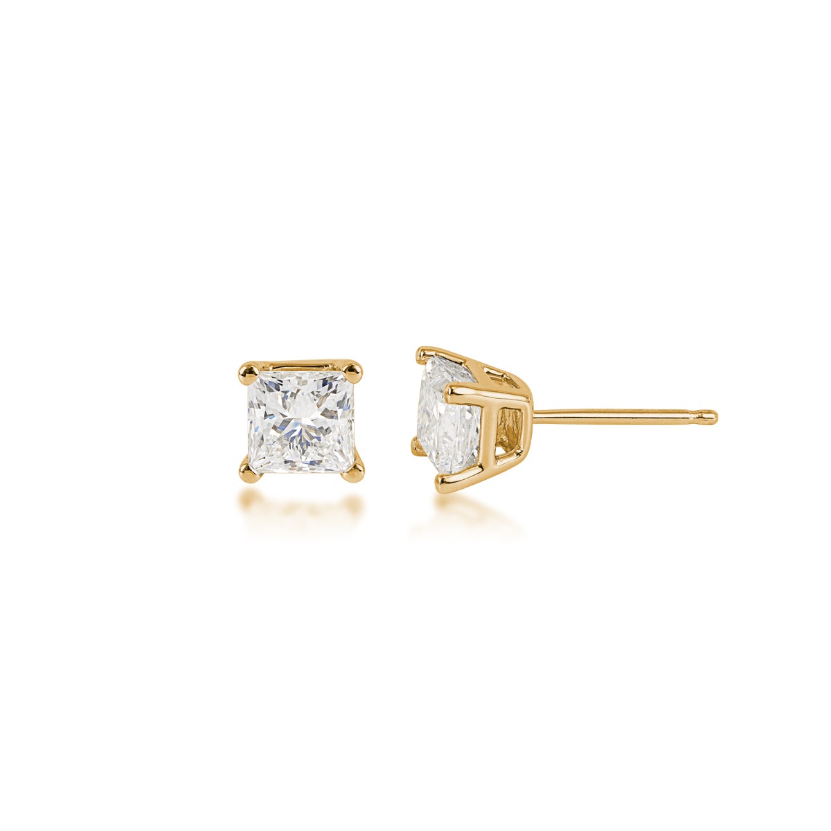 yellow gold princess cut diamond solitaire stud earrings