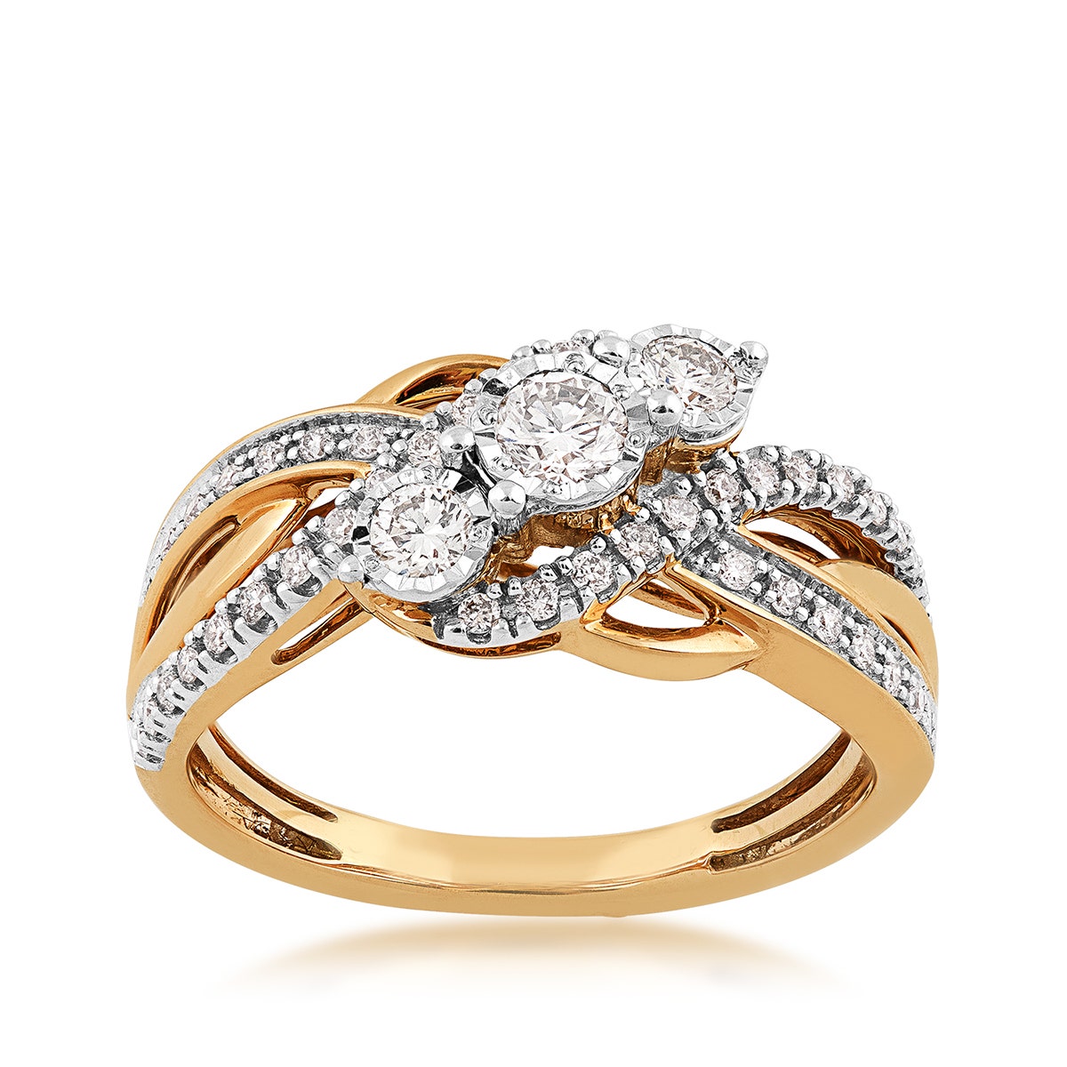 yellow gold diamond ring with three center stones set in miracle plates