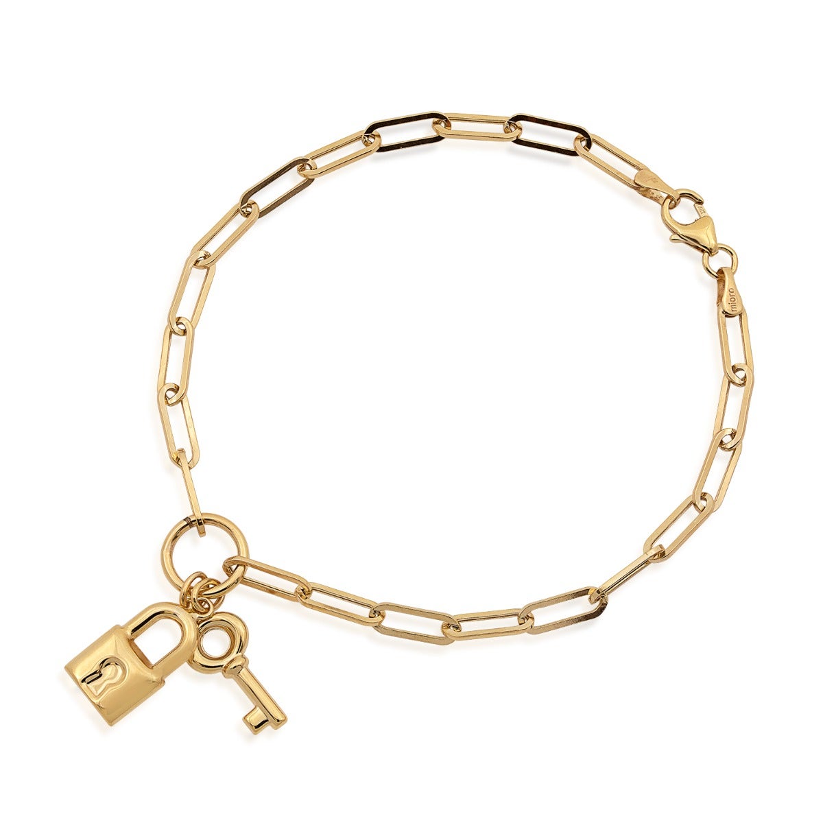 yellow gold paperclip chain bracelet with lock and key charms