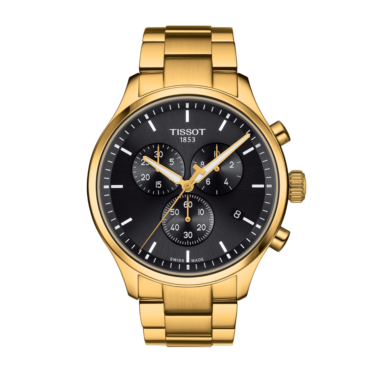 gold-tone stainless steel watch with black dial