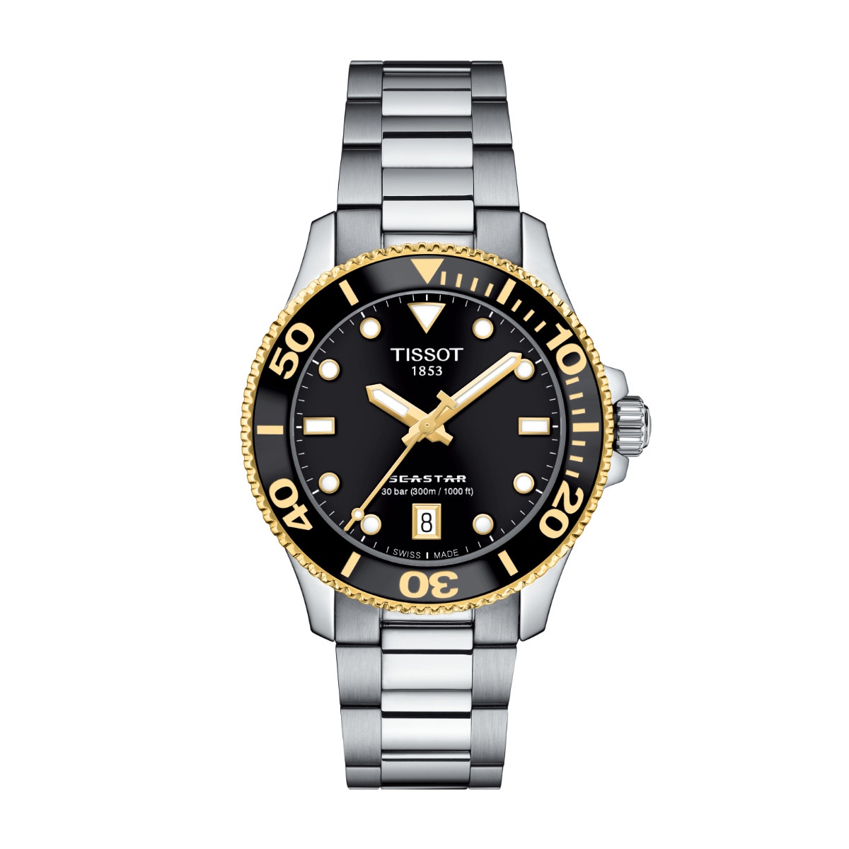 stainless steel watch with black and gold dial