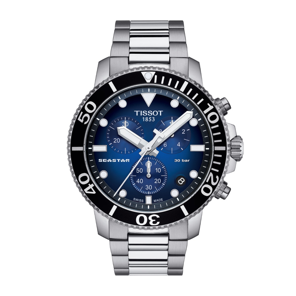 stainless steel watch with blue dial
