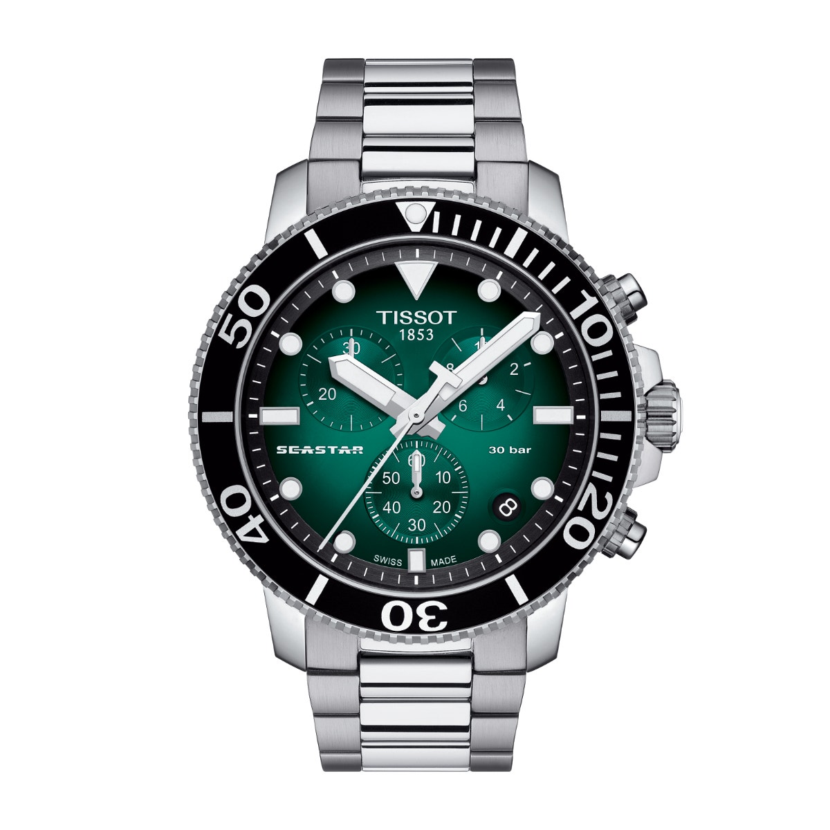stainless steel watch with green dial