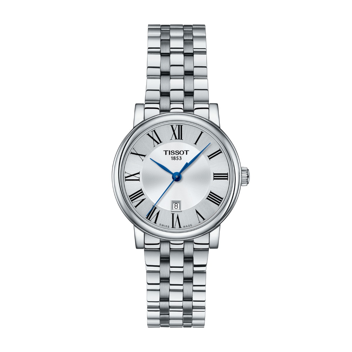 stainless steel watch with silver dial and blue hands