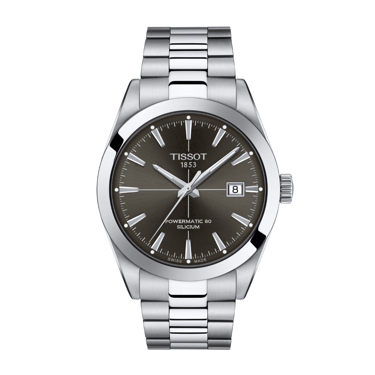 stainless steel watch with black dial
