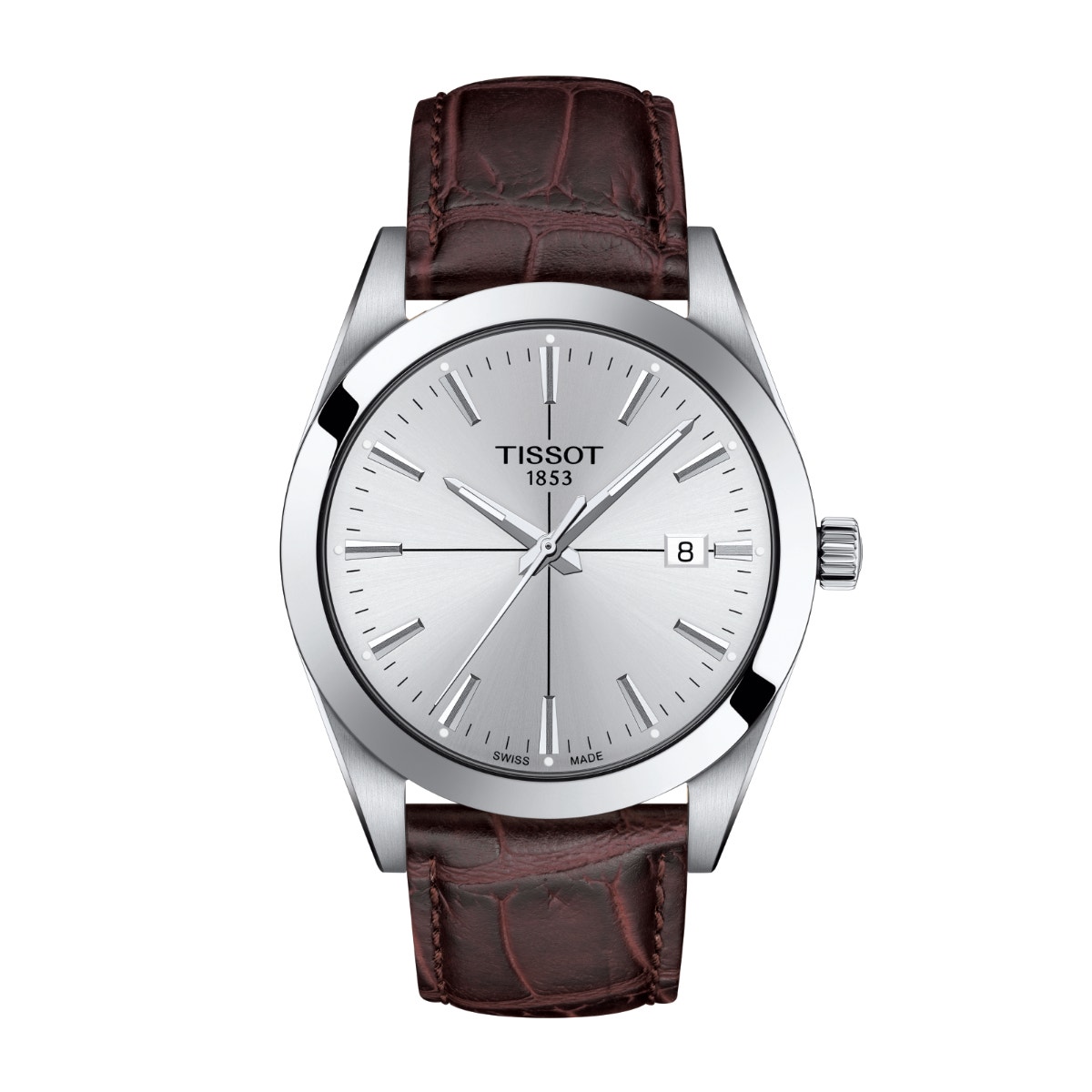 stainless steel watch with silver dial and brown leather strap
