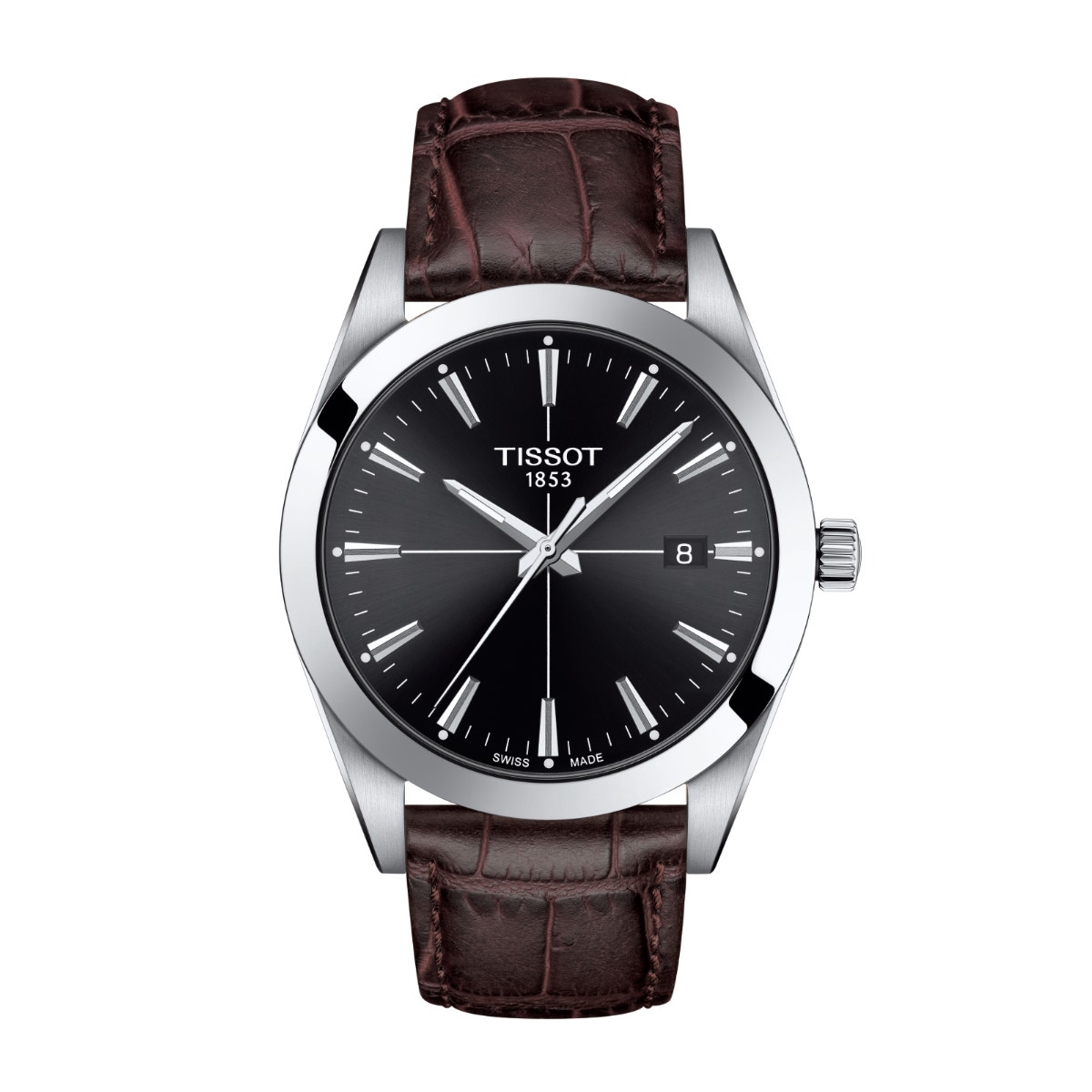 stainless steel watch with black dial and brown leather strap