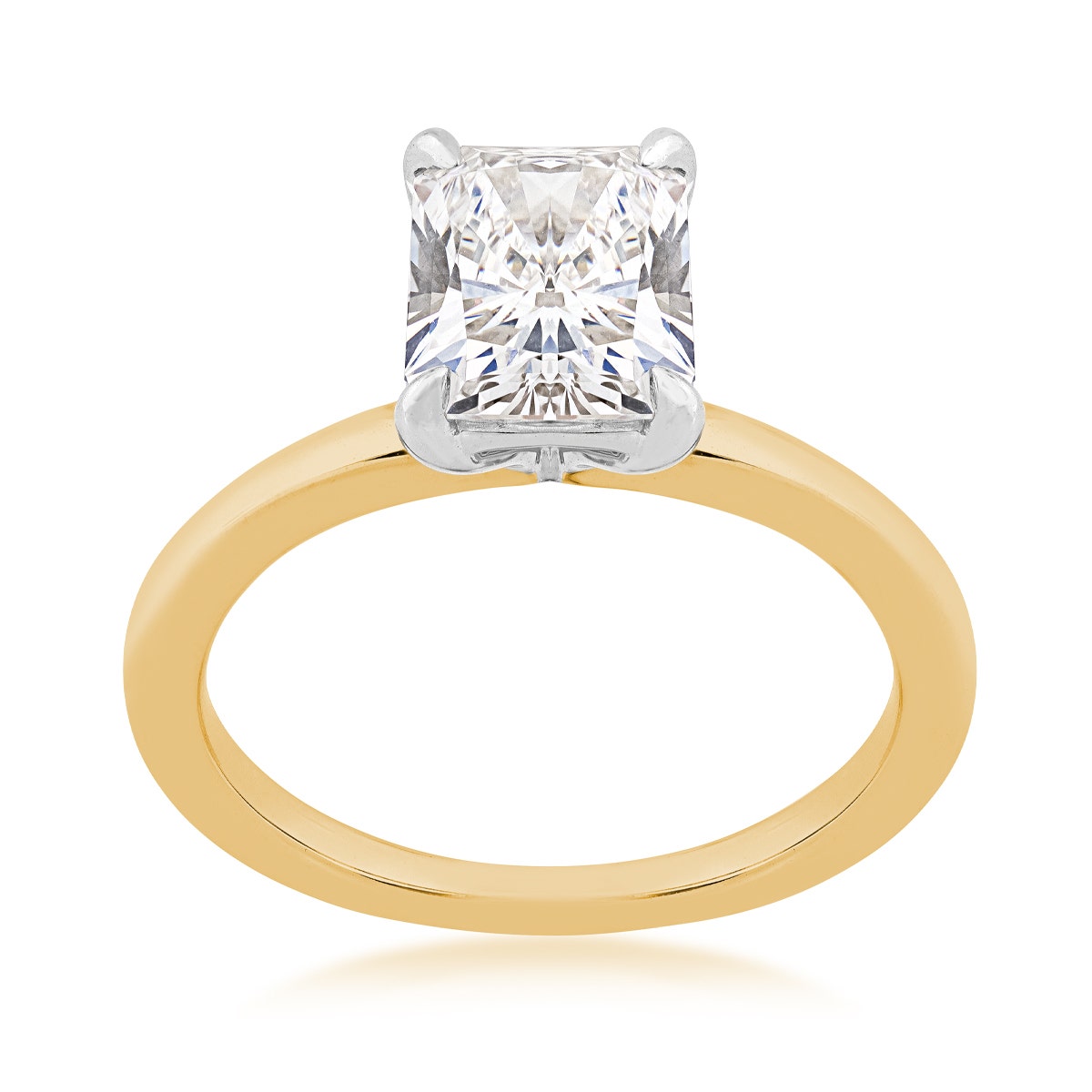 yellow gold lab grown radiant cut diamond solitaire engagement ring with white gold prongs
