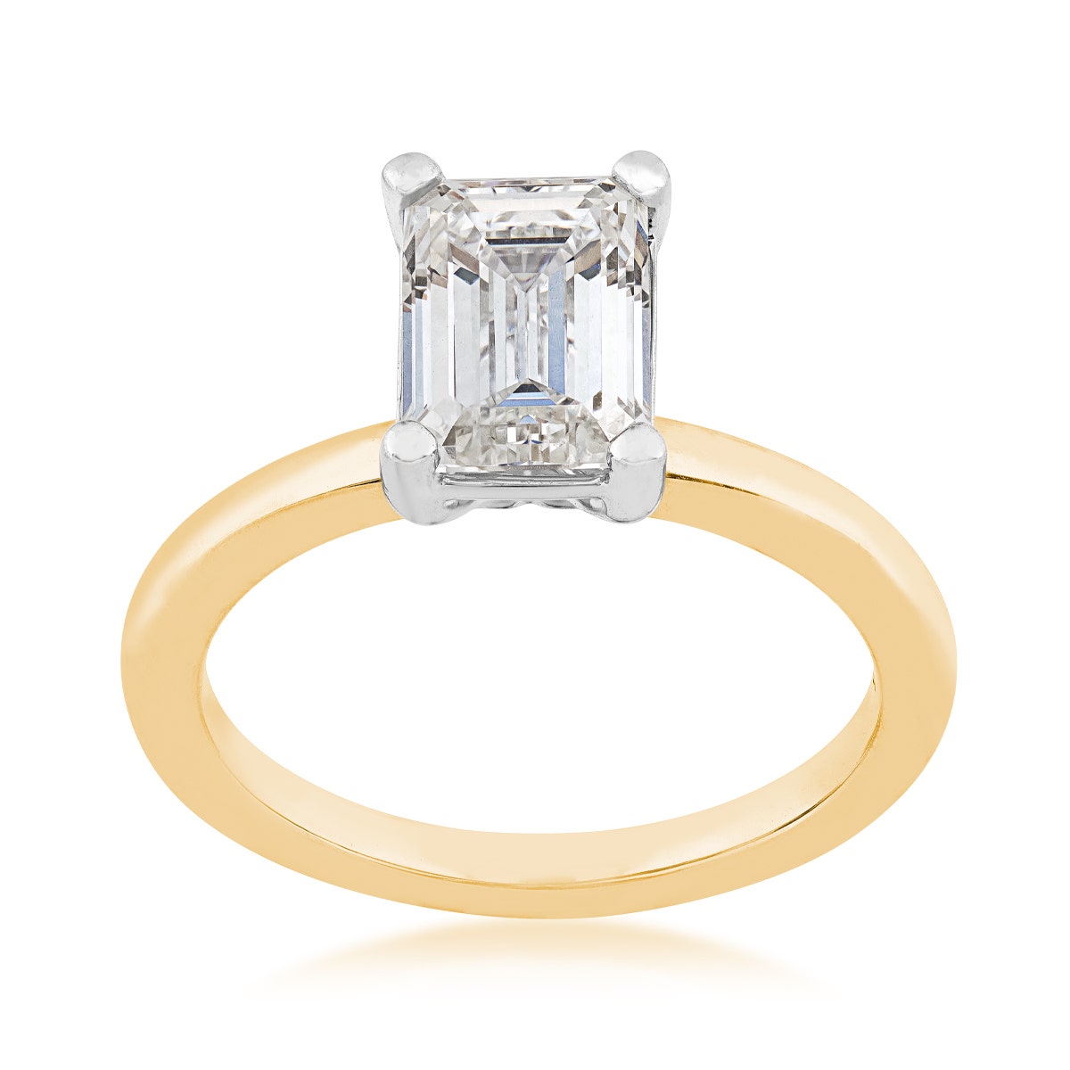 yellow gold emerald cut solitaire lab grown diamond engagement ring with white gold prongs