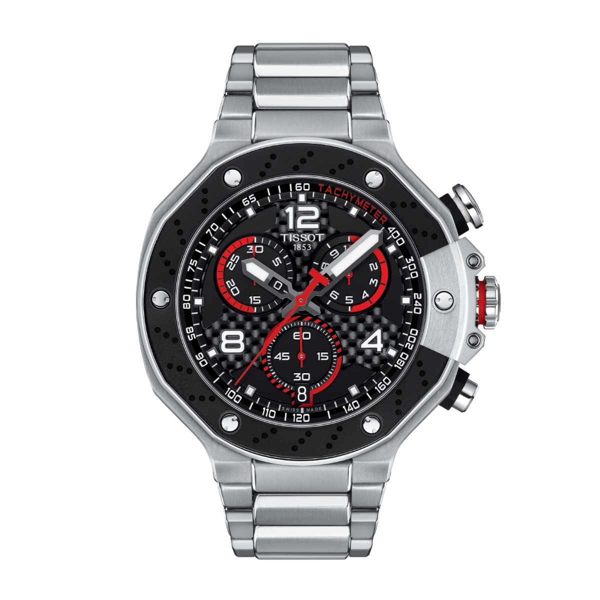 stainless steel watch with black and red dial