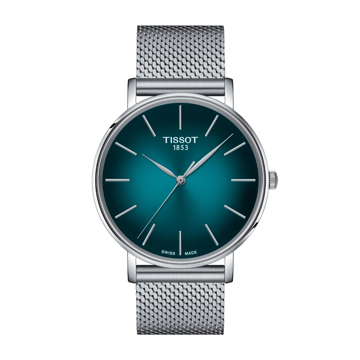 stainless steel watch with teal to black gradient dial