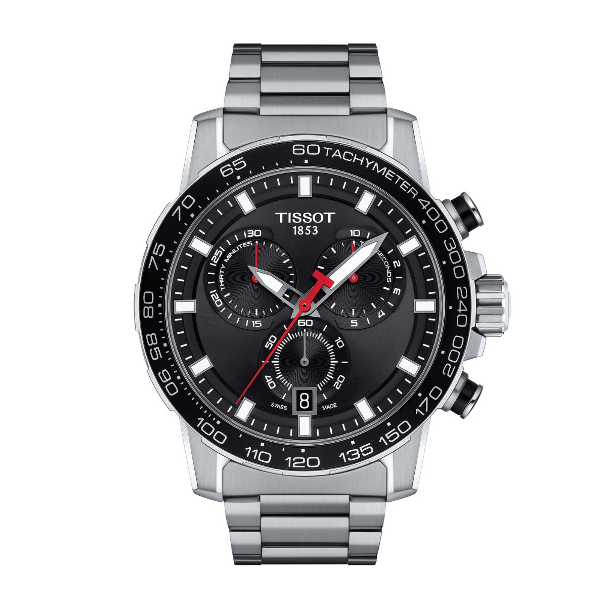 stainless steel watch with black dial 