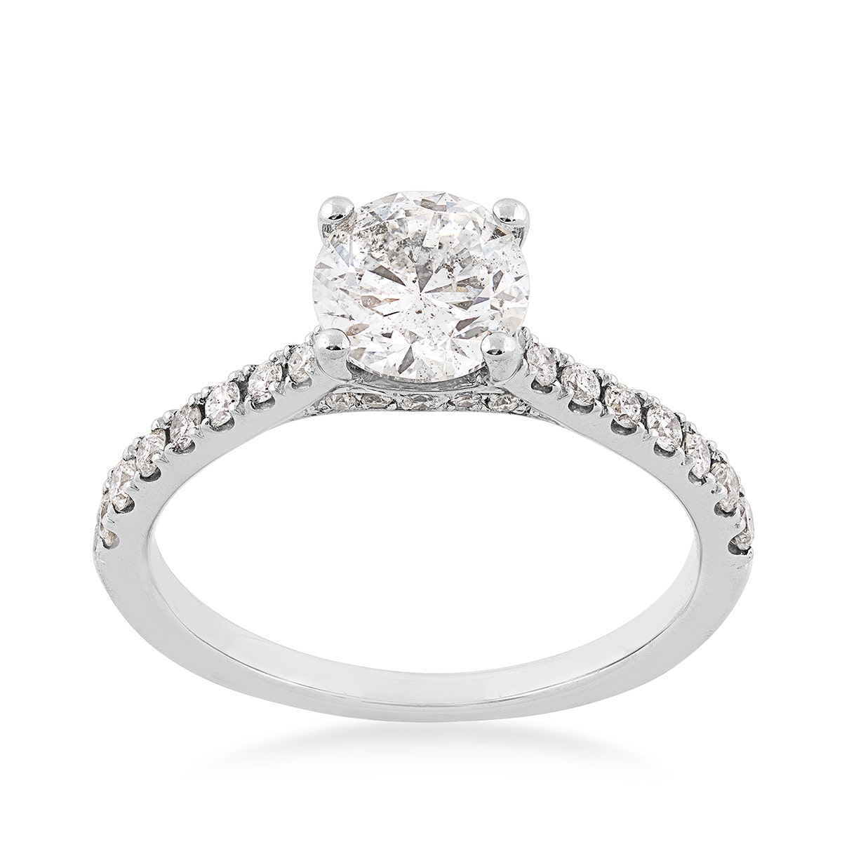 platinum round diamond ring with melee diamonds along shank