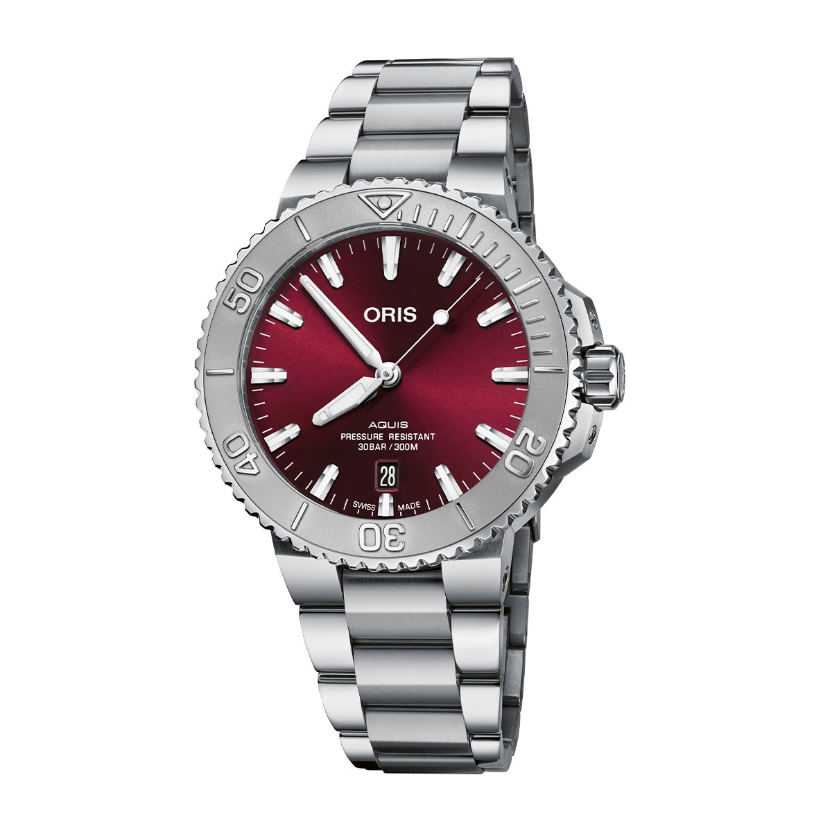 Stainless steel red dial men's Oris Aquis automatic watch