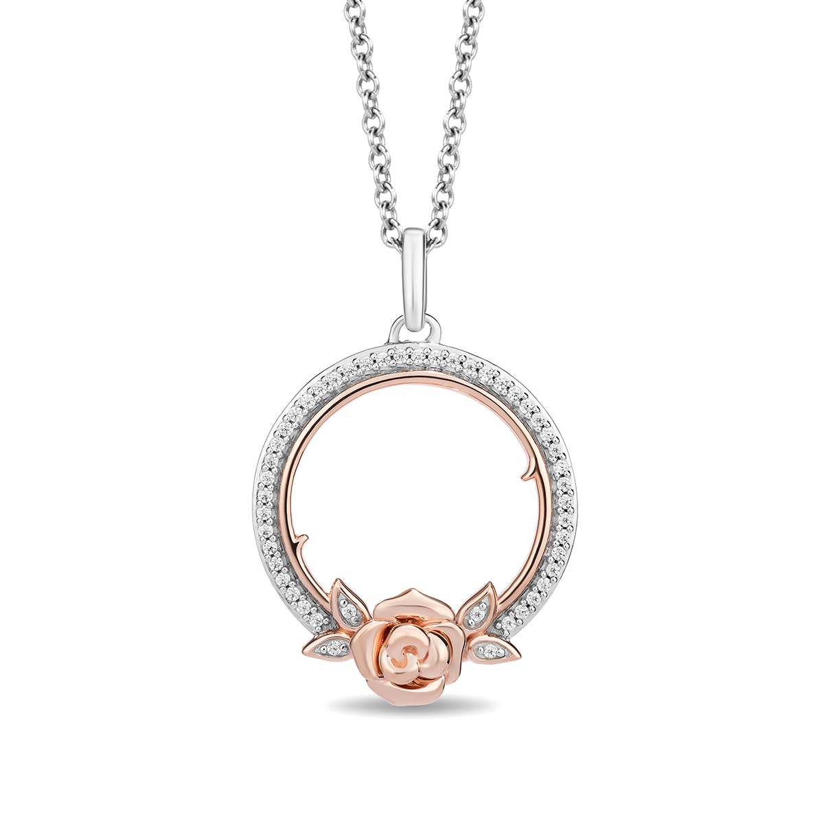sterling silver diamond circle pendant with pink gold rose and accents